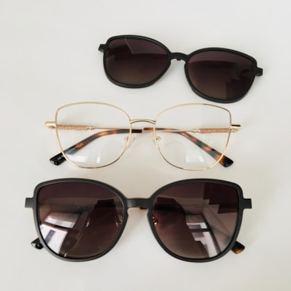 Armação de óculos de grau - Aurora shine 2 em 1 cod 0254 - dourado ponteira animal print clip on marrom C2 Armação de óculos de grau - Aurora shine 2 em 1 cod 0254 - dourado ponteira animal print clip on marrom C2