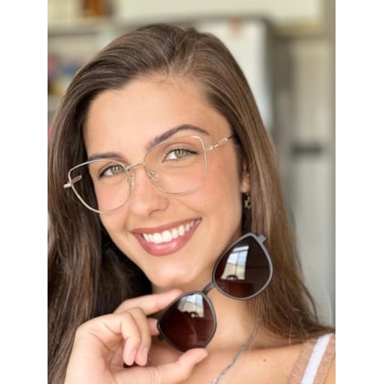 Armação de óculos de grau - Aurora shine 2 em 1 cod 0254 - dourado ponteira animal print clip on marrom C2