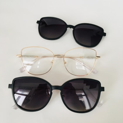 Armação de óculos de grau - Aurora shine 2 em 1 cod 0254 - dourado ponteira transparente clip on preto C8 Armação de óculos de grau - Aurora shine 2 em 1 cod 0254 - dourado ponteira transparente clip on preto C8