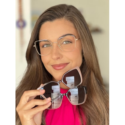 Armação de óculos de grau - Kimberly 3 em 1 cod 5302  - dourado haste animal print clip on marrom degradê e clip on animal print com dourado transparente