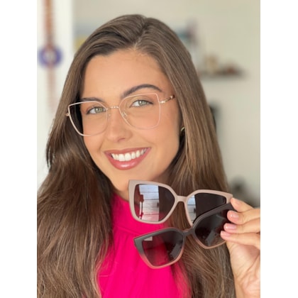 Armação de óculos de grau - Kimberly 3 em 1 cod 5302  - Rose com dourado haste animal print rosado clip on nude e clip on marrom degrade