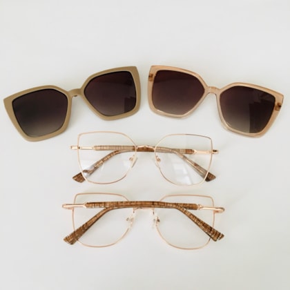 Armação de óculos de grau - Kimberly 3 em 1 cod 5302 - Rose gold haste marrom mesclado clip on dourado transparente e clip on nude Armação de óculos de grau - Kimberly 3 em 1 cod 5302 - Rose gold haste marrom mesclado clip on dourado transparente e clip on nude