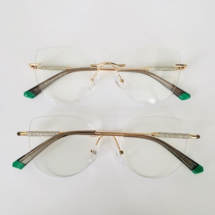 Armação de óculos de grau - Malévola 3 pontos cod 81075 - dourado ponteira cinza detalhe verde C3