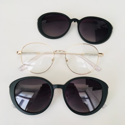 Armação de óculos de grau - Round shine 2 em 1 cod 0255 - dourado ponteira transparente clip on preto C8 Armação de óculos de grau - Round shine 2 em 1 cod 0255 - dourado ponteira transparente clip on preto C8