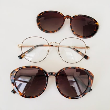 Armação de óculos de grau - Round shine 2 em 1 cod 0255 - marrom com dourado clip on animal print C5 Armação de óculos de grau - Round shine 2 em 1 cod 0255 - marrom com dourado clip on animal print C5