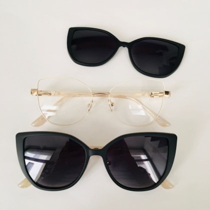 Armação de óculos de grau - Virgínia 0233 - branco com dourado clip on preto fosco C8 Armação de óculos de grau - Virgínia 0233 - branco com dourado clip on preto fosco C8