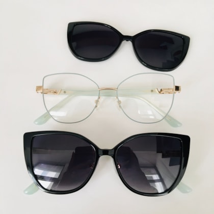 Armação de óculos de grau - Virgínia 0233 - verde água com dourado clip on preto brilho C7 Armação de óculos de grau - Virgínia 0233 - verde água com dourado clip on preto brilho C7