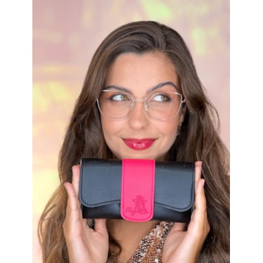 CASE PORTA ÓCULOS SORELLA - PRETO COM FIVELA FECHAMENTO PINK